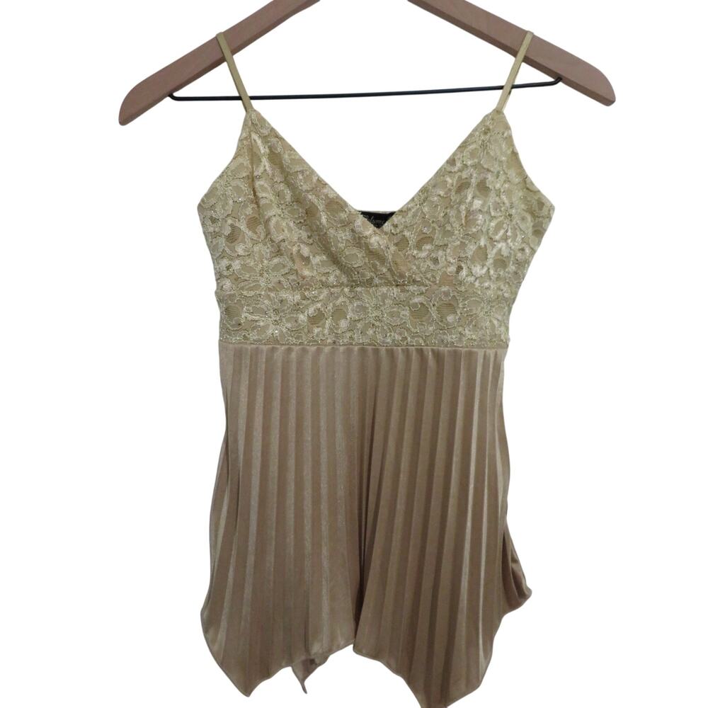 Volume One Sz S Gold Satin Pleated Lace Cami Top Y2K Coquette Vintage Style